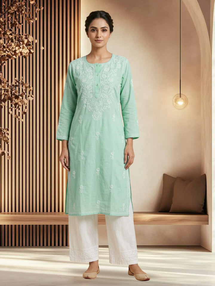 Hand Embroidered Chikankari Straight Floral  Cotton Kurta -NTV115 Lightgreen