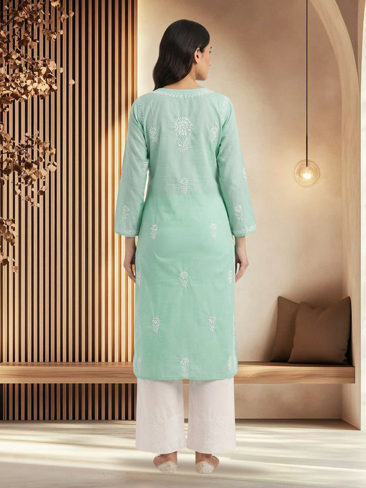 Hand Embroidered Chikankari Straight Floral  Cotton Kurta -NTV115 Lightgreen