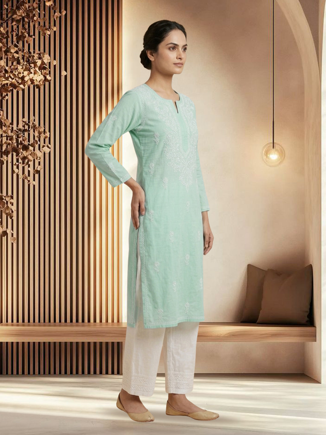 Hand Embroidered Chikankari Straight Floral  Cotton Kurta -NTV115 Lightgreen