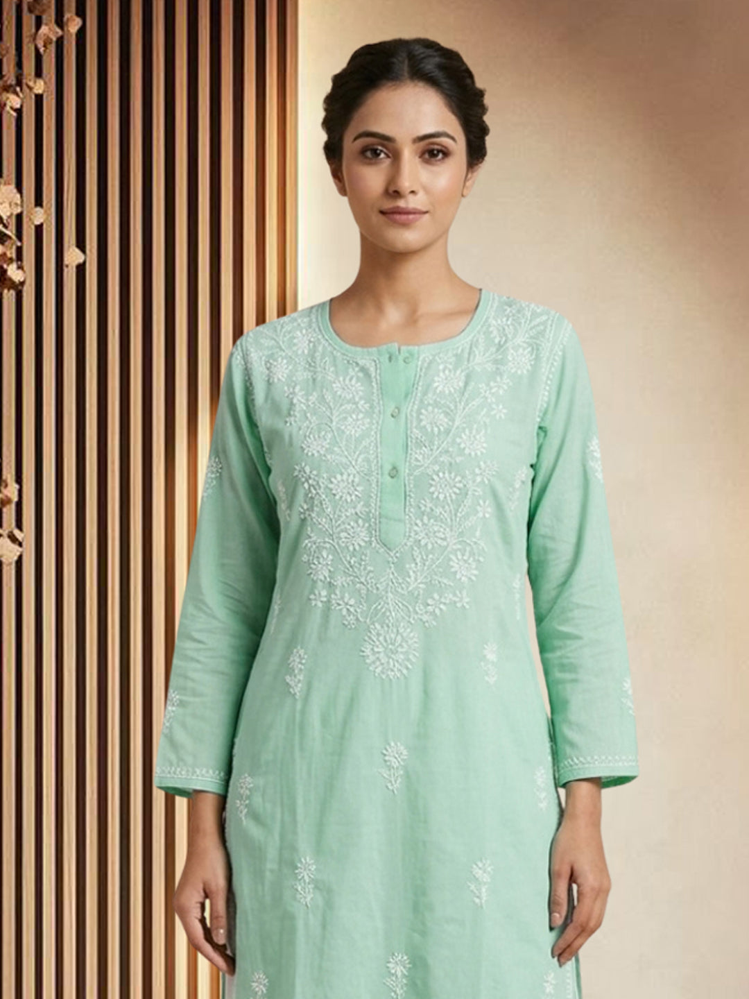 Hand Embroidered Chikankari Straight Floral  Cotton Kurta -NTV115 Lightgreen