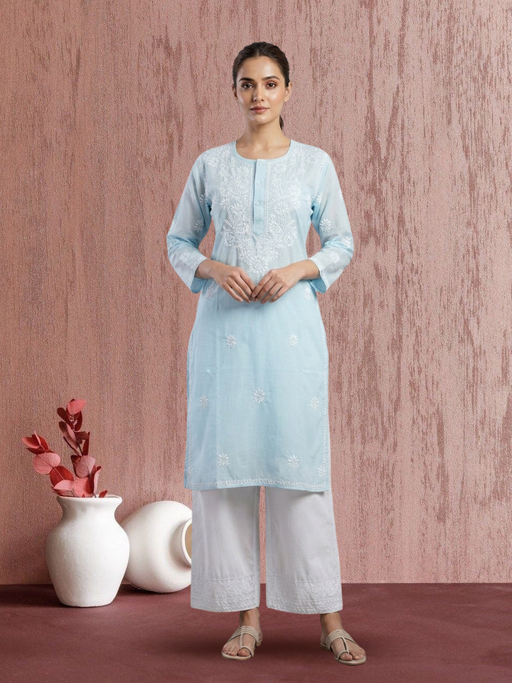 Hand Embroidered Chikankari Straight Floral  Cotton Kurta -NTV115 Lightblue