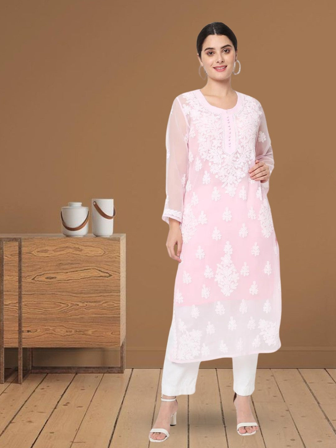 Hand Embroidered Georgette Straight Kurta With Matching Slip-PC3560