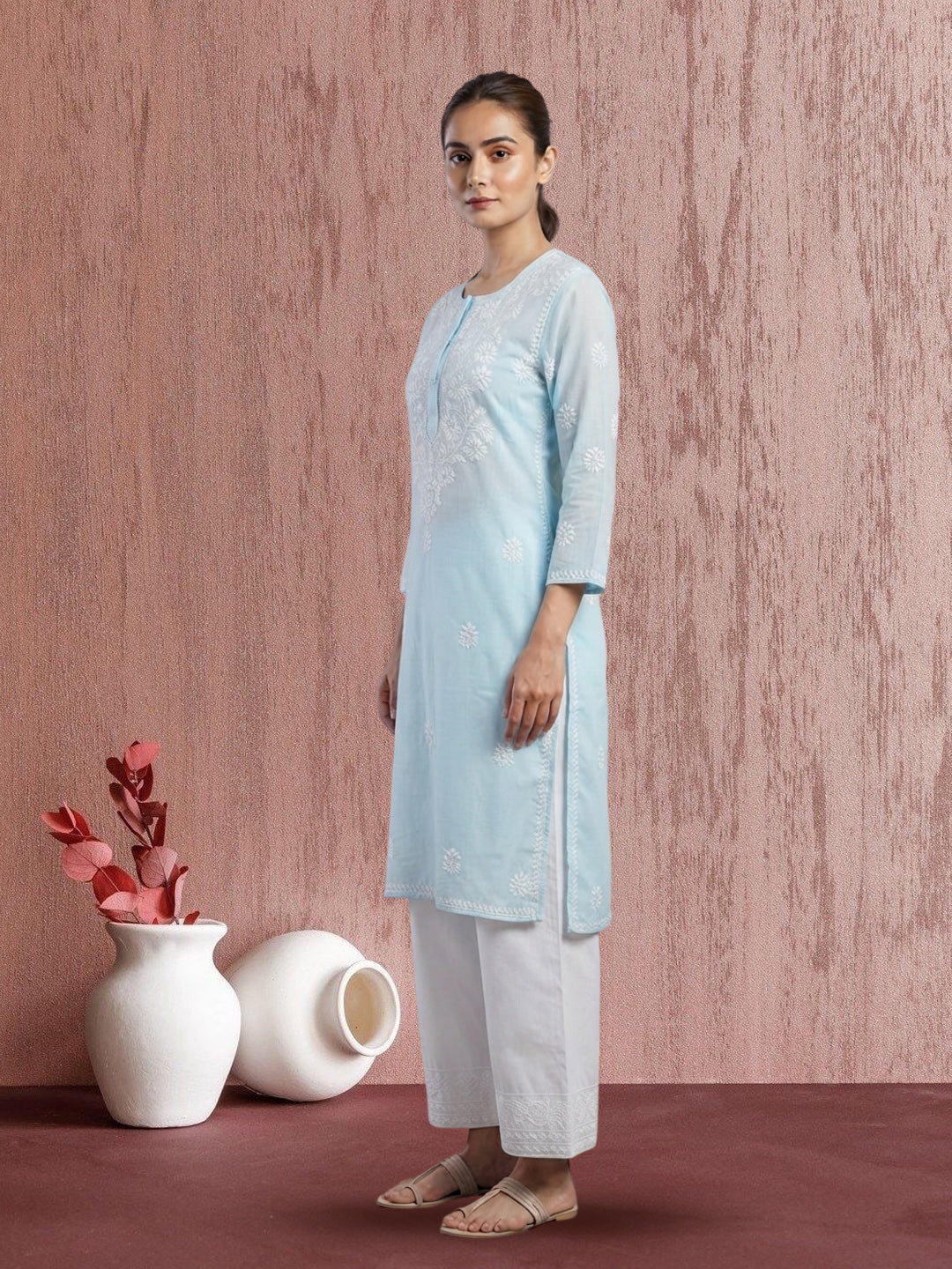 Hand Embroidered Chikankari Straight Floral  Cotton Kurta -NTV115 Lightblue