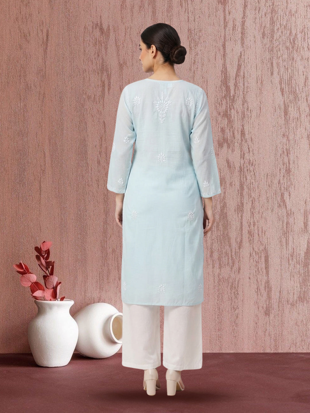 Hand Embroidered Chikankari Straight Floral  Cotton Kurta -NTV115 Lightblue