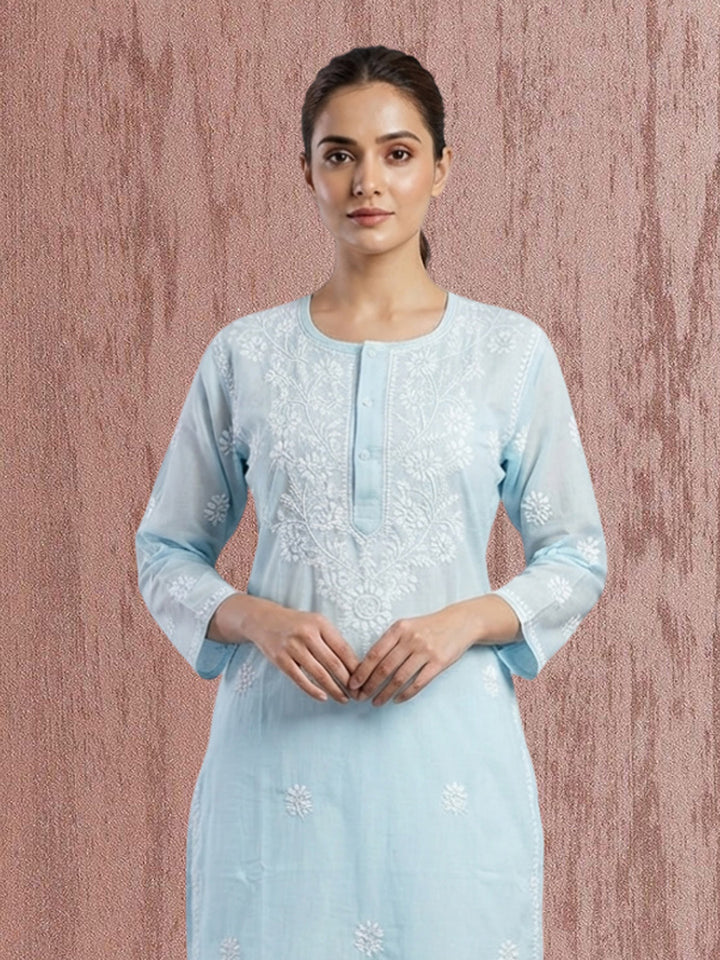 Hand Embroidered Chikankari Straight Floral  Cotton Kurta -NTV115 Lightblue