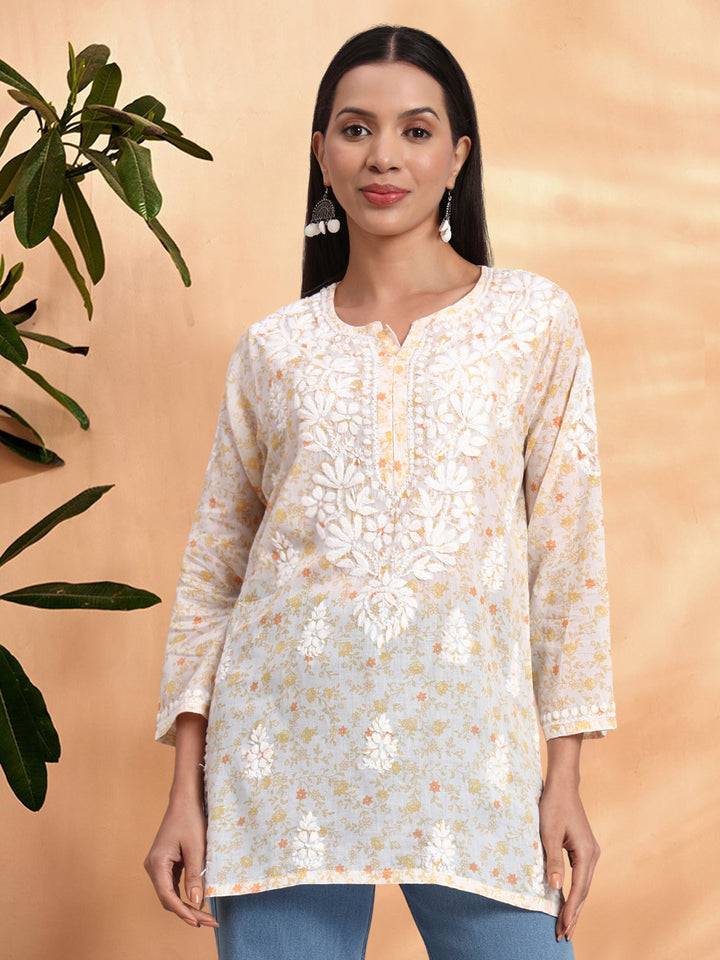 Women Hand Embroidered Chikankari Mulmul Kurti PC4073 Yellow