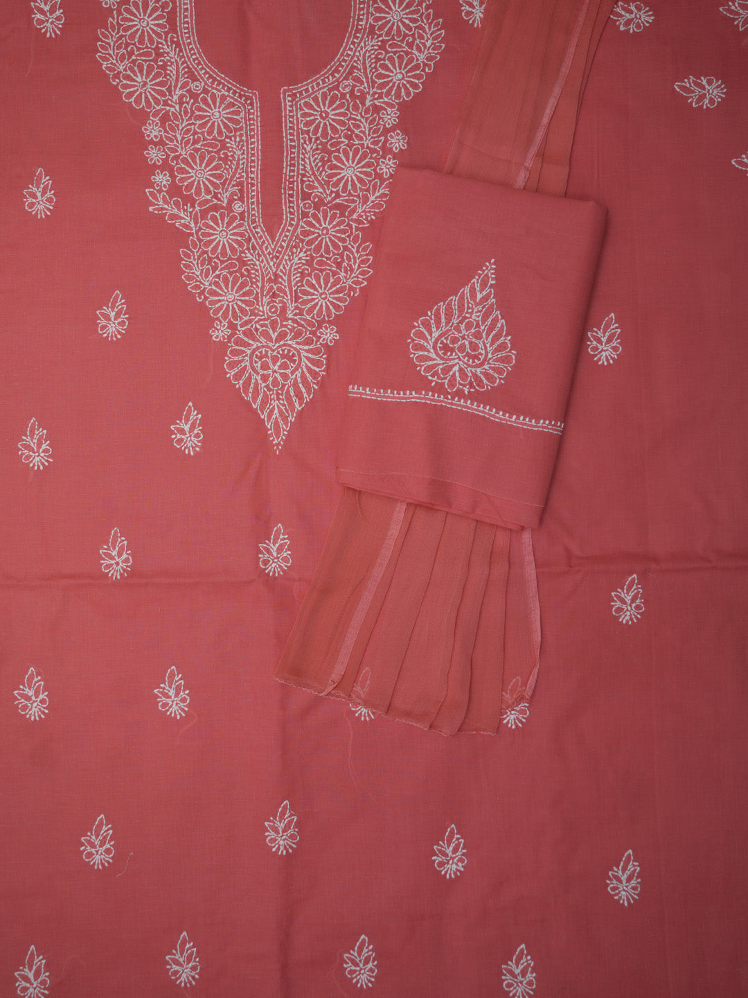 Women Hand Embroidered Cotton Chikankari Dress Material PCSCU00104FS Carrotpink