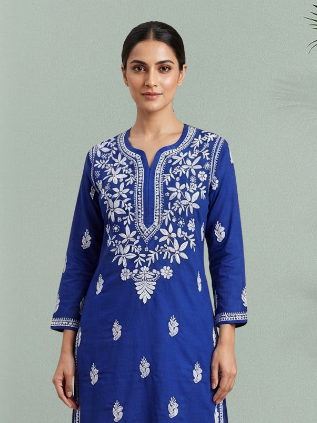 Hand Embroidered Chikankari Cotton Straight Kurta-PC3372 Darkblue