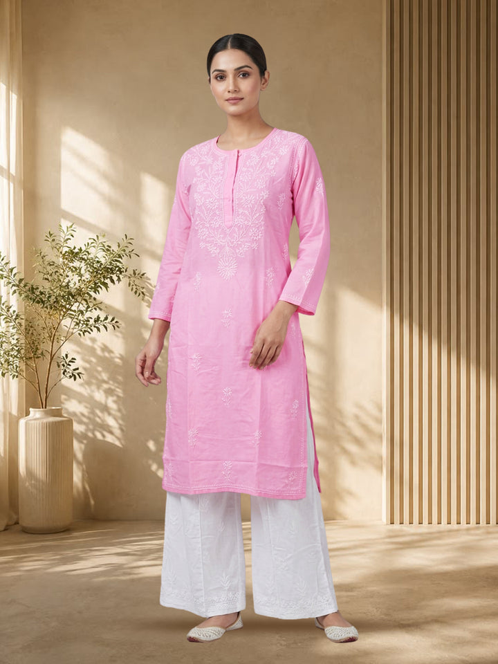 Hand Embroidered Chikankari Straight Floral Cotton Kurta-NTV115 Pink