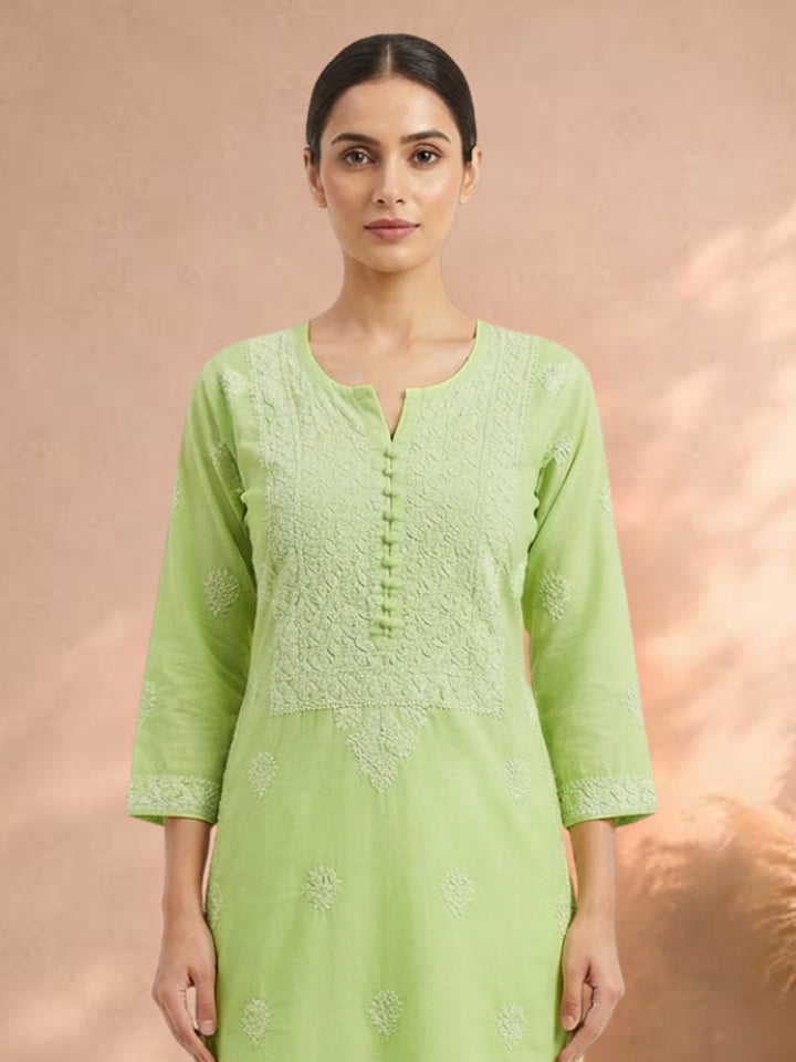 Hand Embroidered Chikankari Cotton Straight Kurta- PC3579 Green