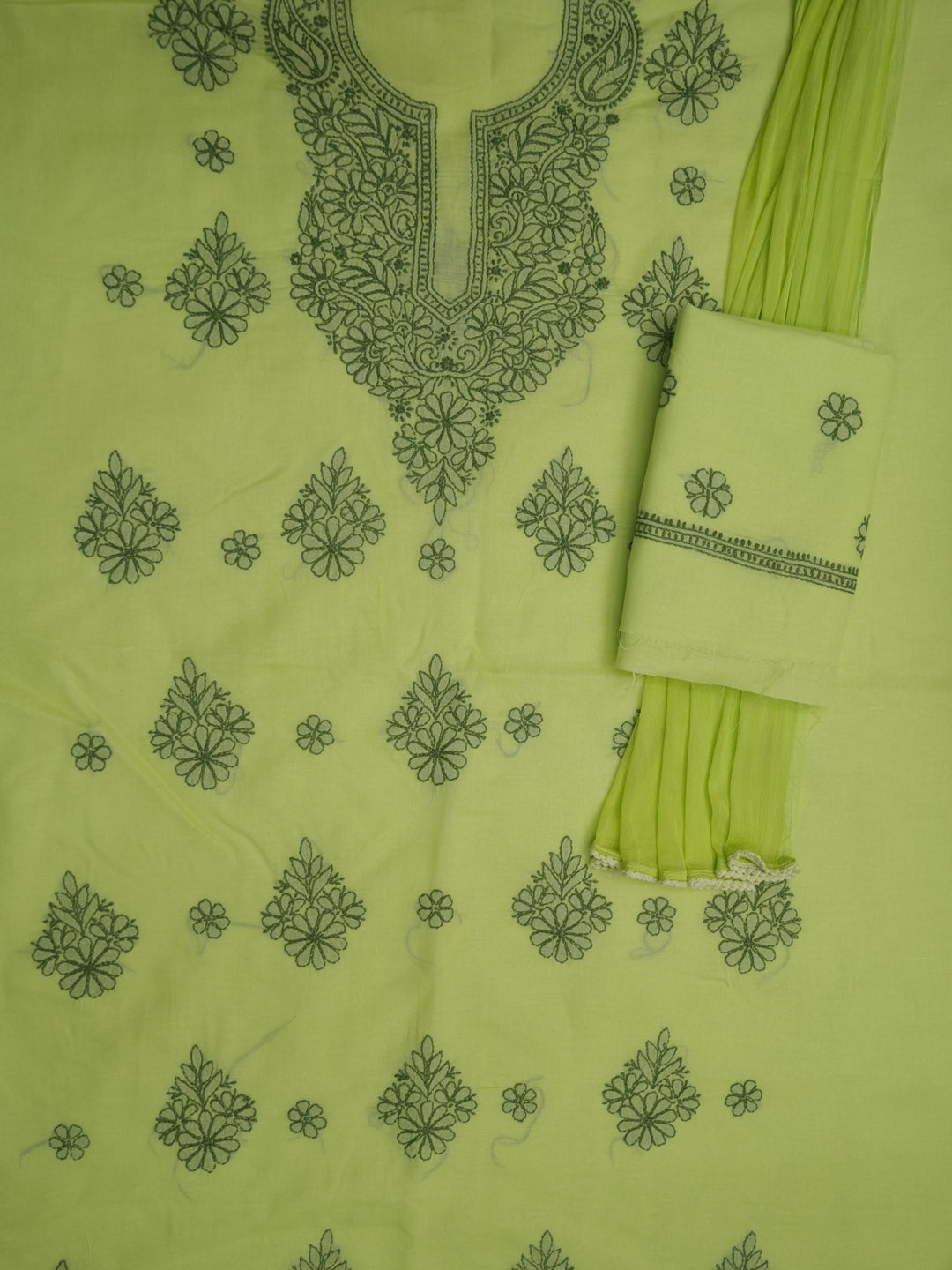 Women Hand Embroidered Cotton Chikankari Dress MaterialPCSCU00406FS-LIMEGREEN