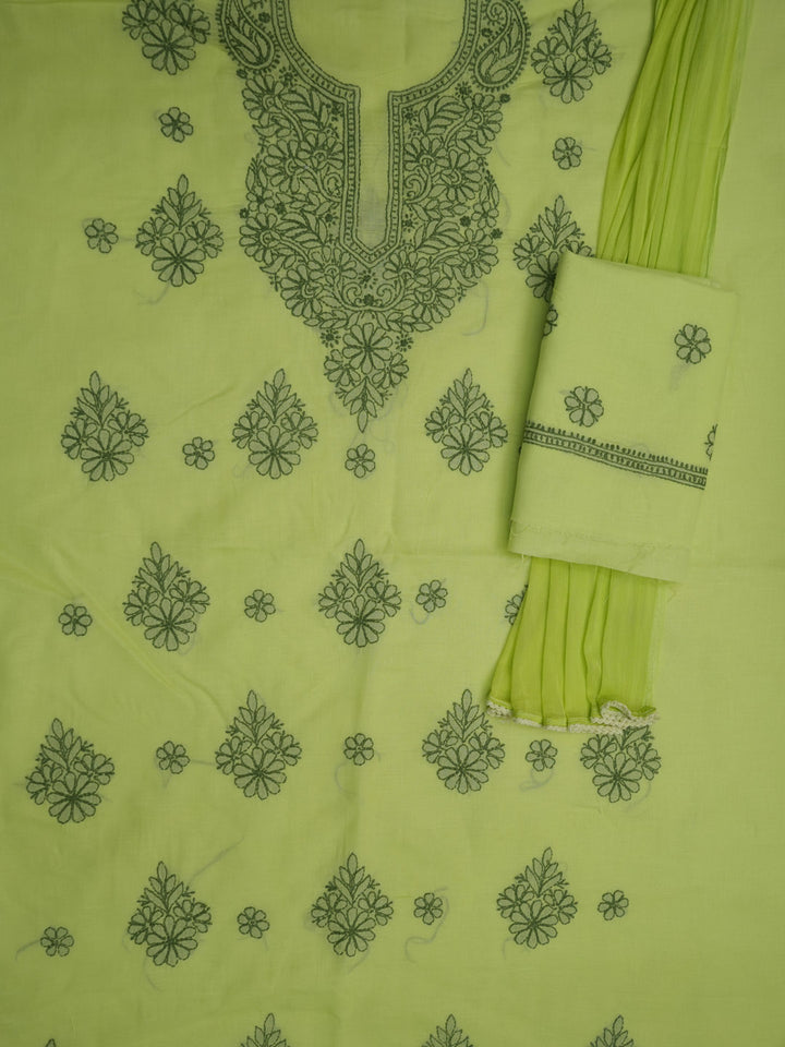 Women Hand Embroidered Cotton Chikankari Dress MaterialPCSCU00406FS-LIMEGREEN