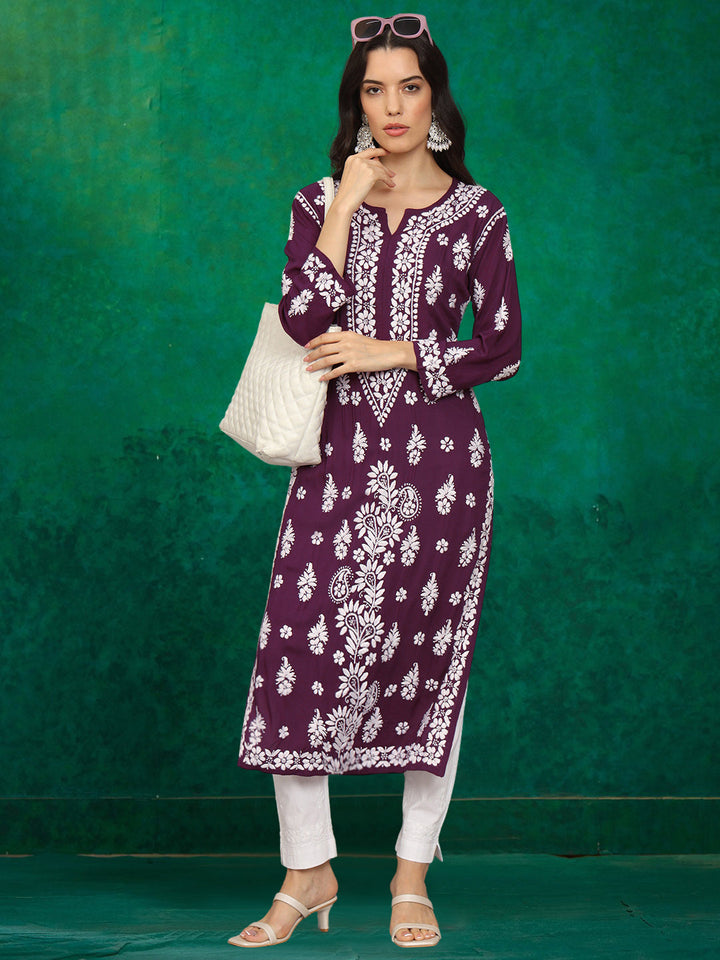 Hand Embroidered Chikankari Modal Straight Kurta- PC4042 Purple