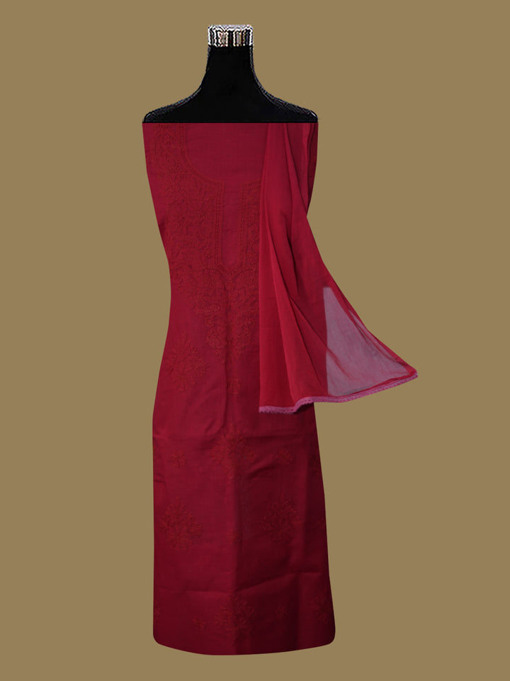 Women Hand Embroidered Cotton Chikankari Dress MaterialPCSCU00406FS-TOMATORED