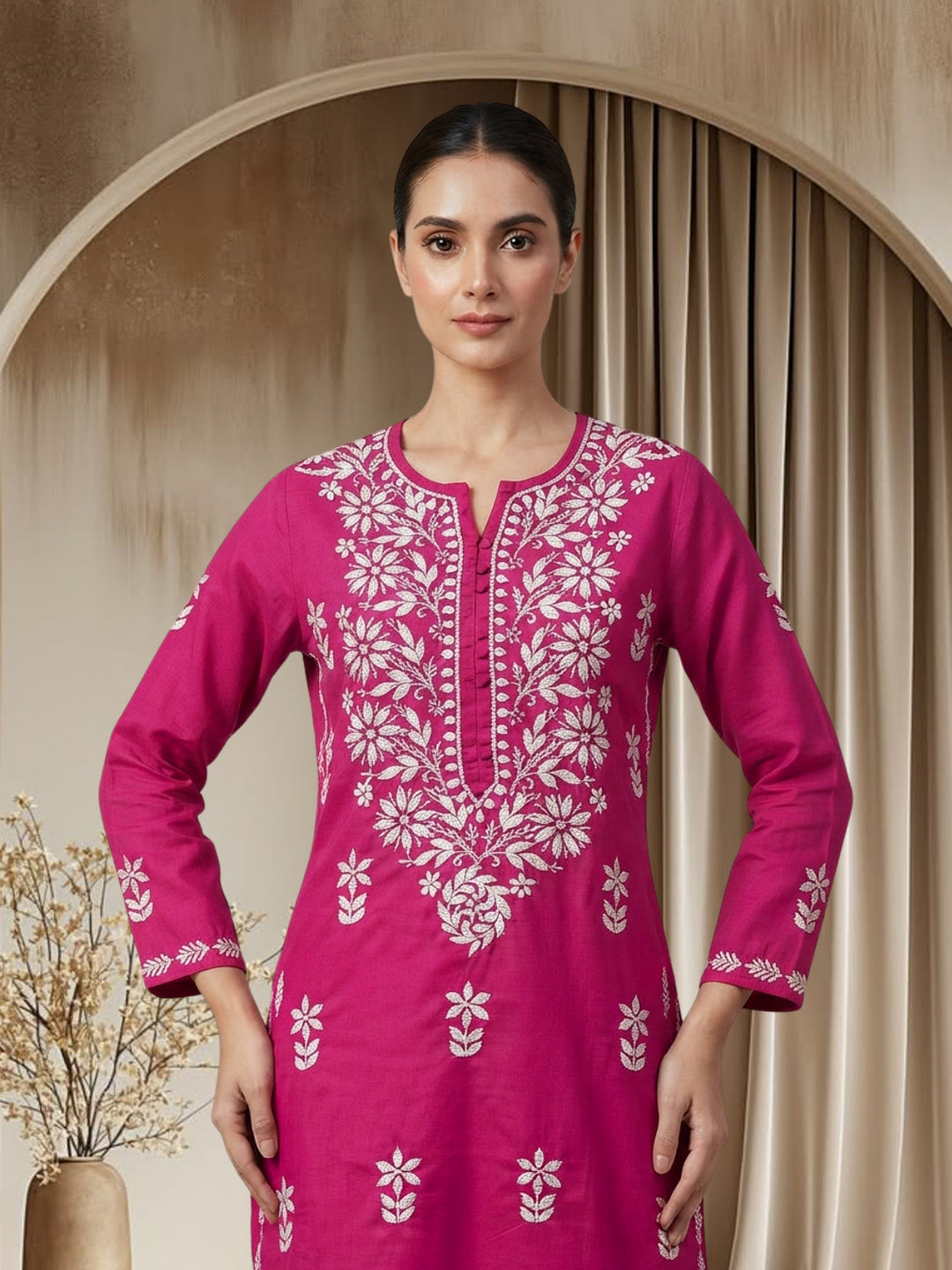 Women Hand Embroidered Chikankari Cotton Kurta Set PC4135KS Magenta