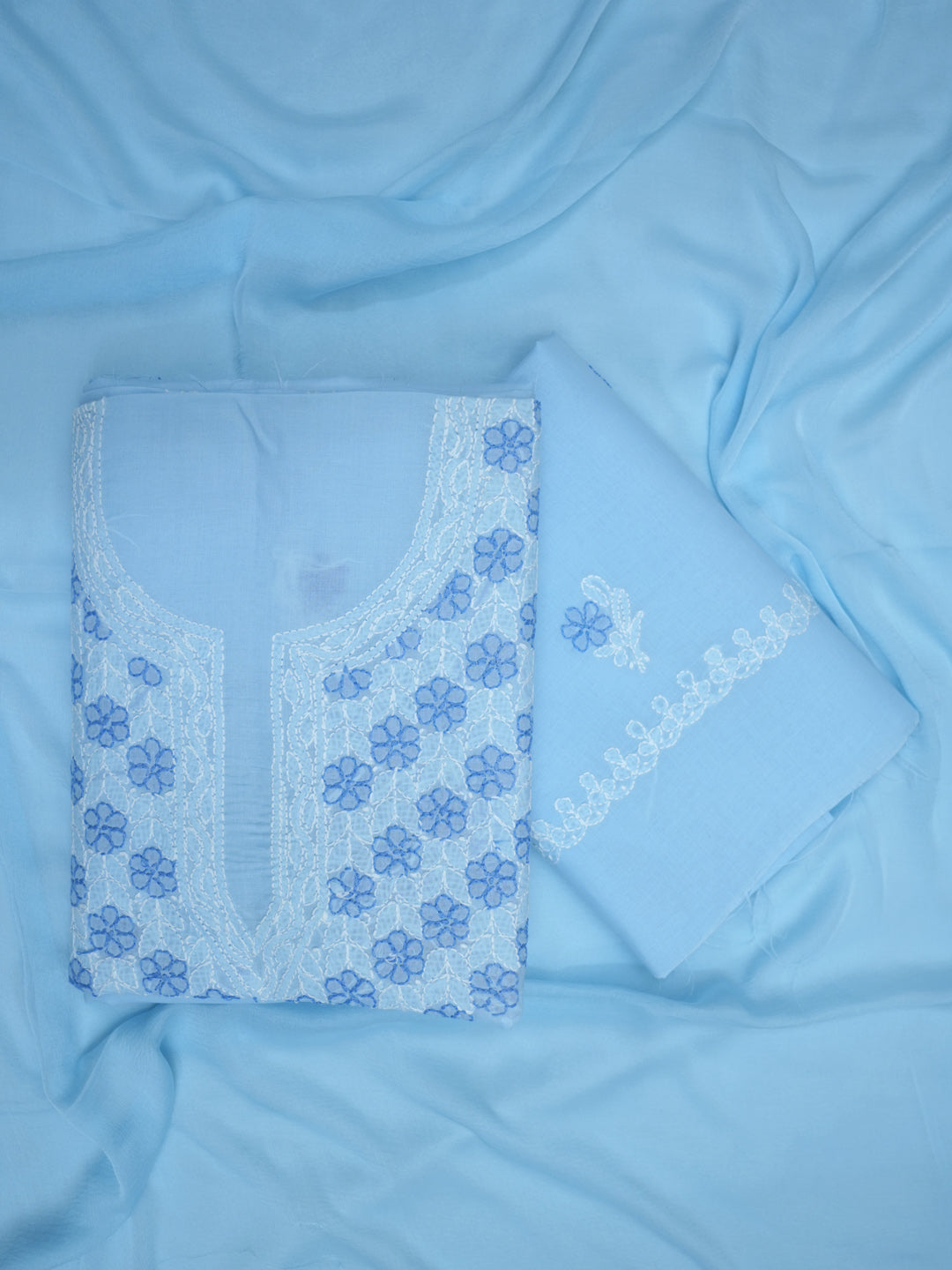 Women Hand Embroidered Chikankari Cotton Dressmaterial PCSCU00102FS-Blue