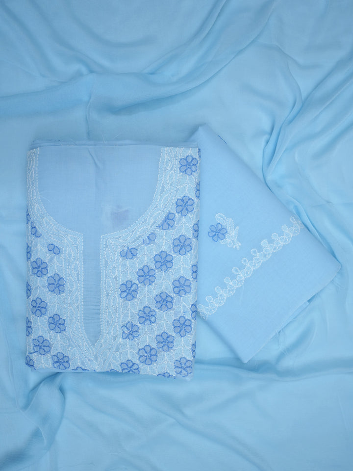 Women Hand Embroidered Chikankari Cotton Dressmaterial PCSCU00102FS-Blue
