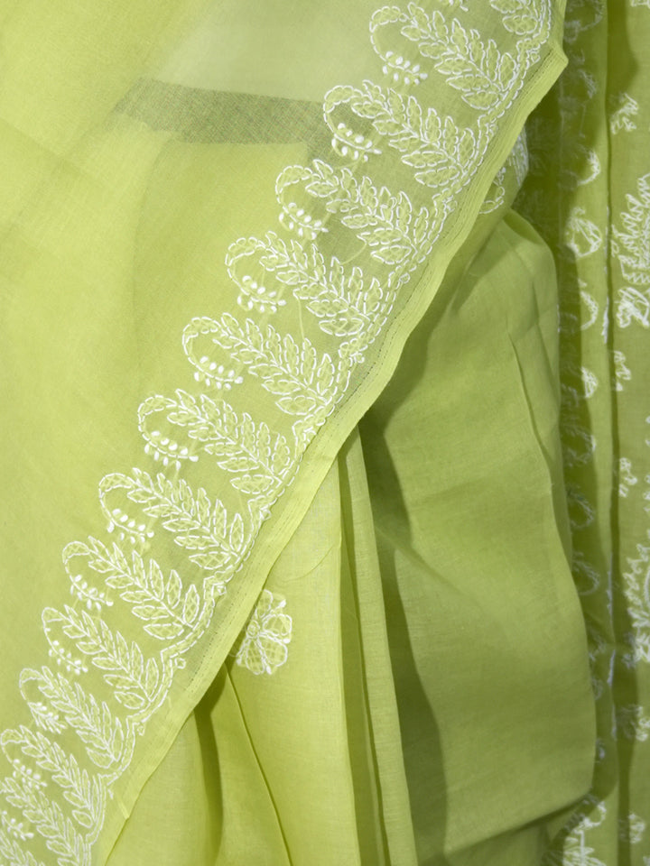 Hand Embroidered Chikankari Cotton Saree PCSAR02 Parrotgreen