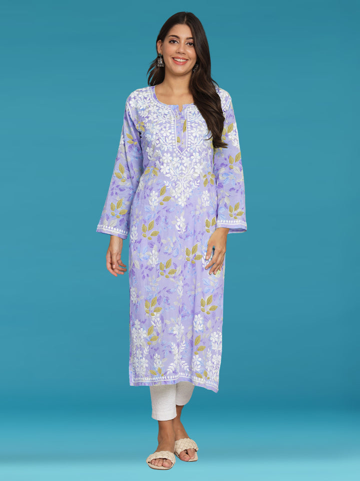 Hand Embroidered Chikankari Mulmul Printed Straight Kurta- PC3680