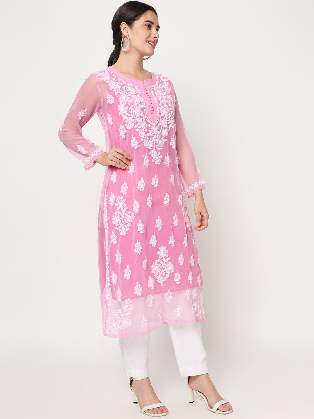 Hand Embroidered Chikankari Georgette Straight Kurta With Matching Slip-PC3560