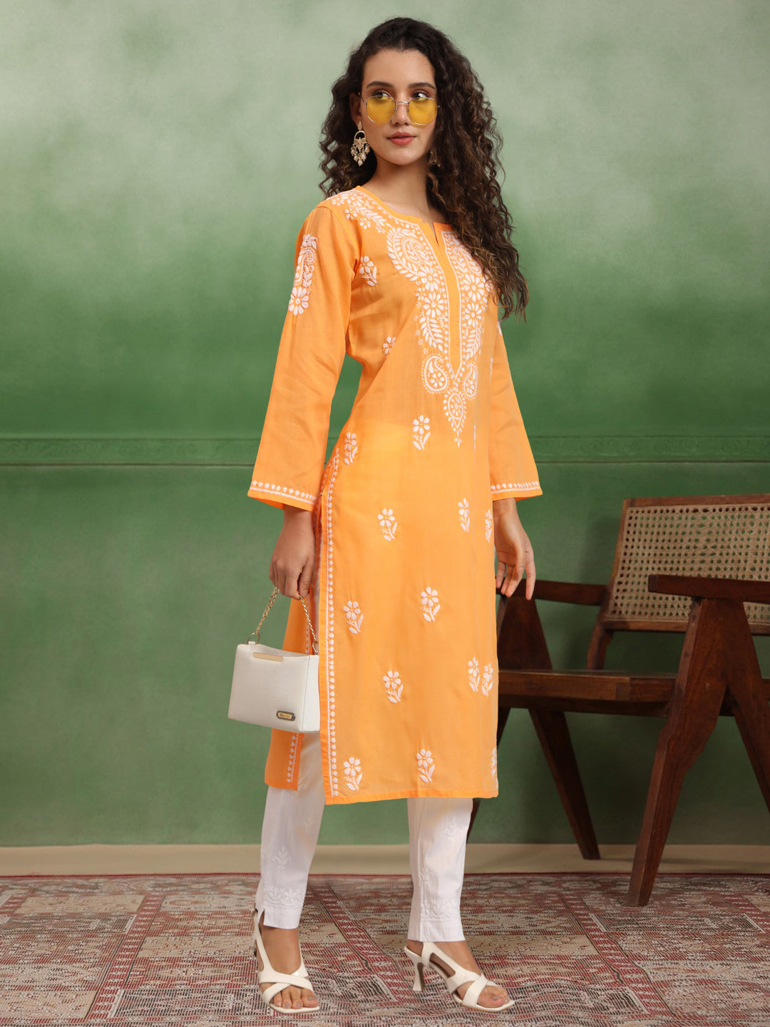 Hand Embroidered Chikankari Cotton Straight Kurta-PC3561