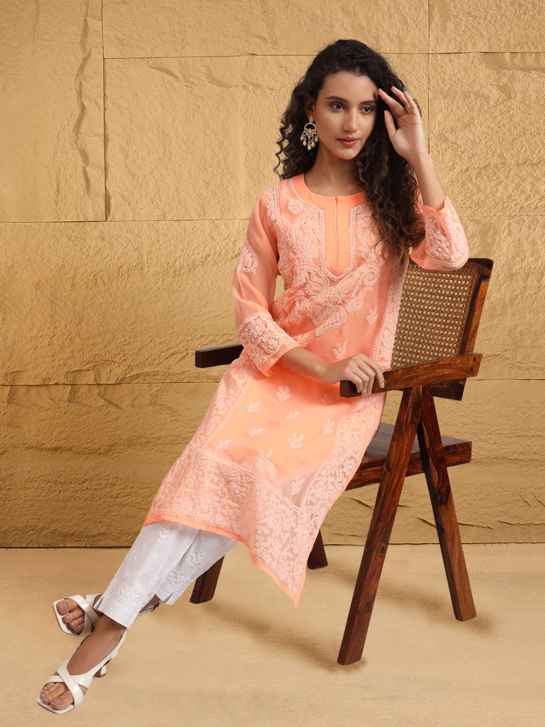 Hand Embroidered Chikankari Georgette straight Kurta With Matching Slip- PC3485