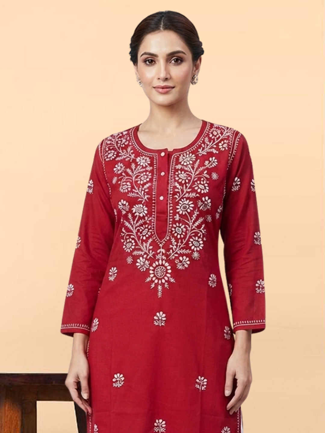 Hand Embroidered Chikankari Straight Floral Cotton Kurta-NTV115 Red