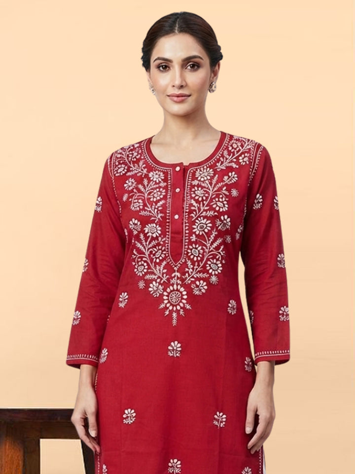 Hand Embroidered Chikankari Straight Floral Cotton Kurta-NTV115 Red