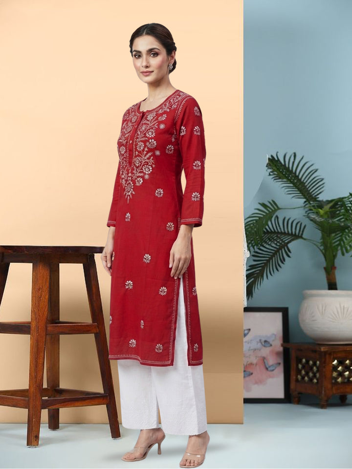 Hand Embroidered Chikankari Straight Floral Cotton Kurta-NTV115 Red