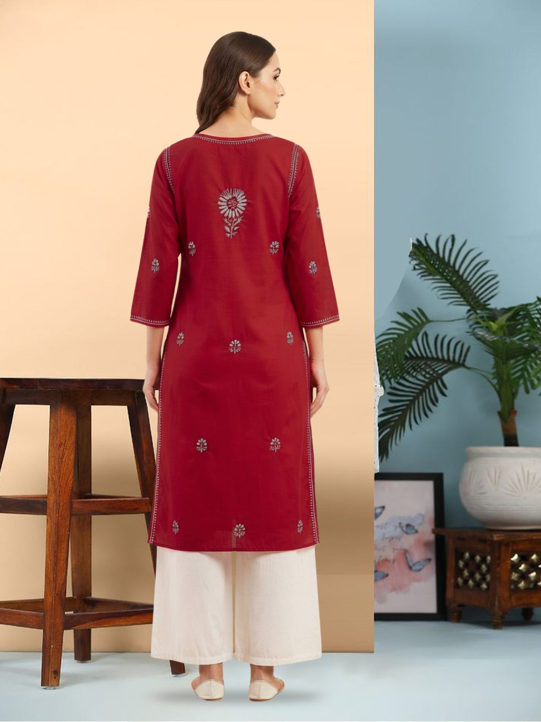 Hand Embroidered Chikankari Straight Floral Cotton Kurta-NTV115 Red