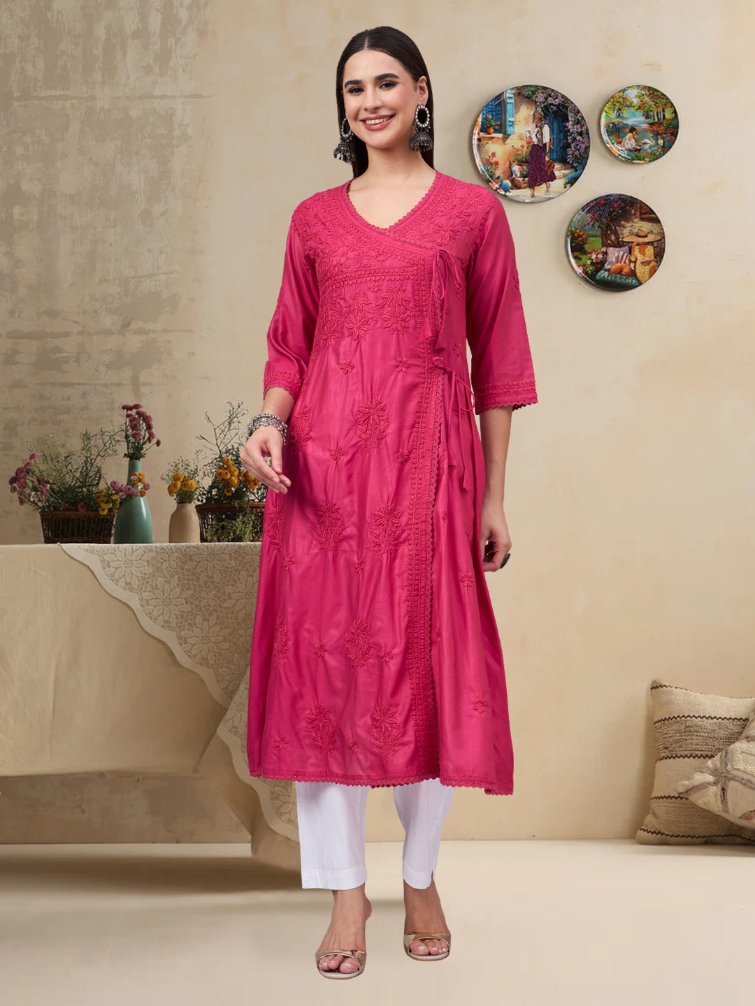 Women chikankari hand Embroidered Chanderi Angrakha kurta-PC3667 Magenta