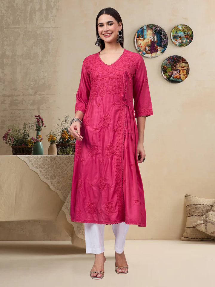Women chikankari hand Embroidered Chanderi Angrakha kurta-PC3667 Magenta
