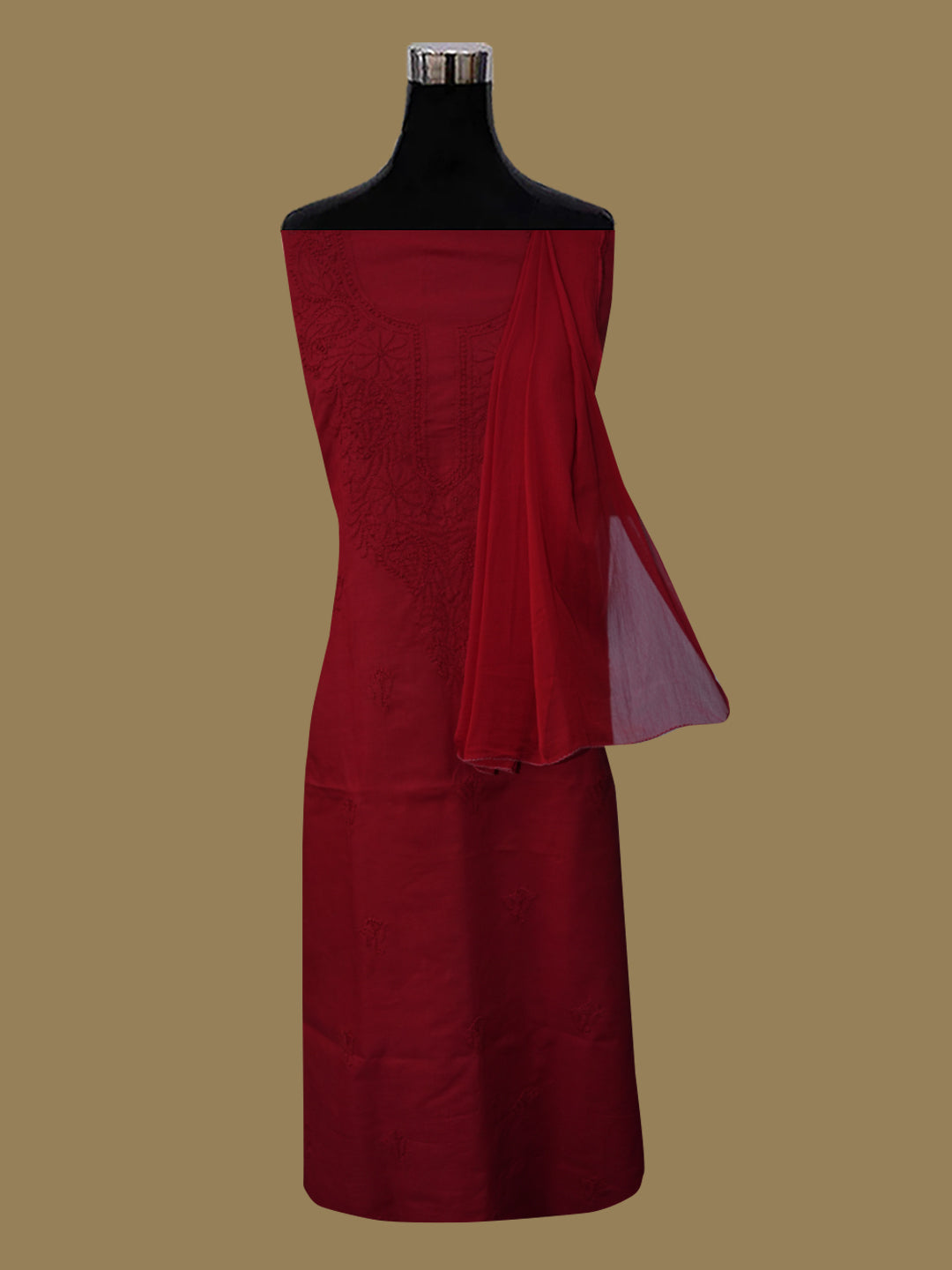 Women Hand Embroidered Cotton Chikankari Dress MaterialPCSCU00103FS-CHERRYRED