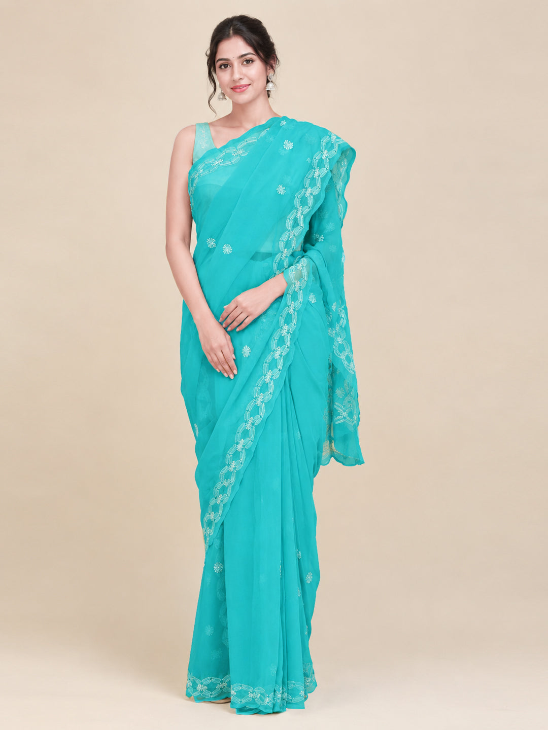 Hand Embroidered Chikankari Georgette Saree PCSAR04 Green
