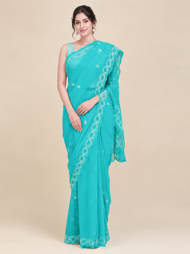 Hand Embroidered Chikankari Georgette Saree PCSAR04 Green