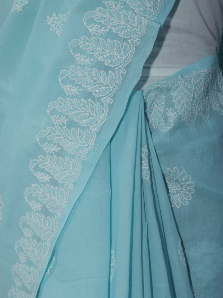 Hand Embroidered Chikankari Cotton Saree PCSAR02 Blue