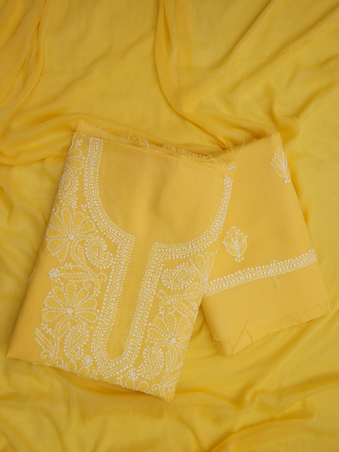 Women Hand Embroidered Chikankari Cotton Dressmaterial PCSCU00104FS-DARKYELLOW