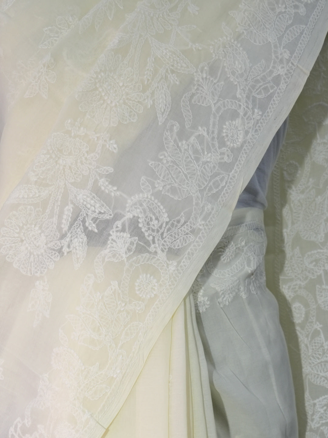 Hand Embroidered Chikankari Cotton Saree PCSAR02 Lemon