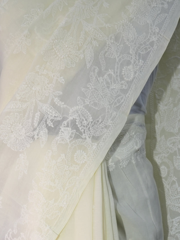 Hand Embroidered Chikankari Cotton Saree PCSAR02 Lemon