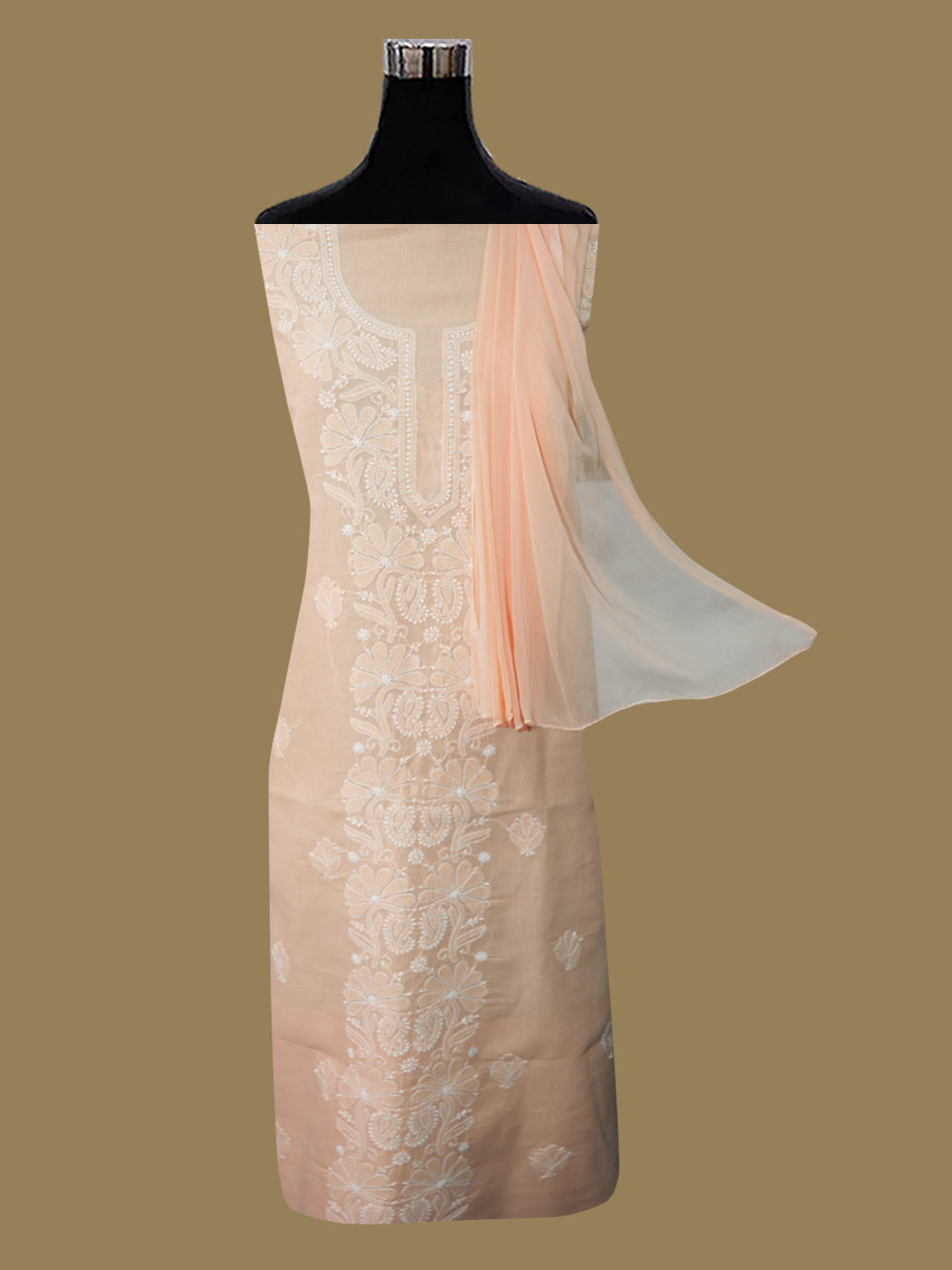 Women Hand Embroidered Cotton Chikankari Dress MaterialPCSCU00104FS-APRICOTPEACH