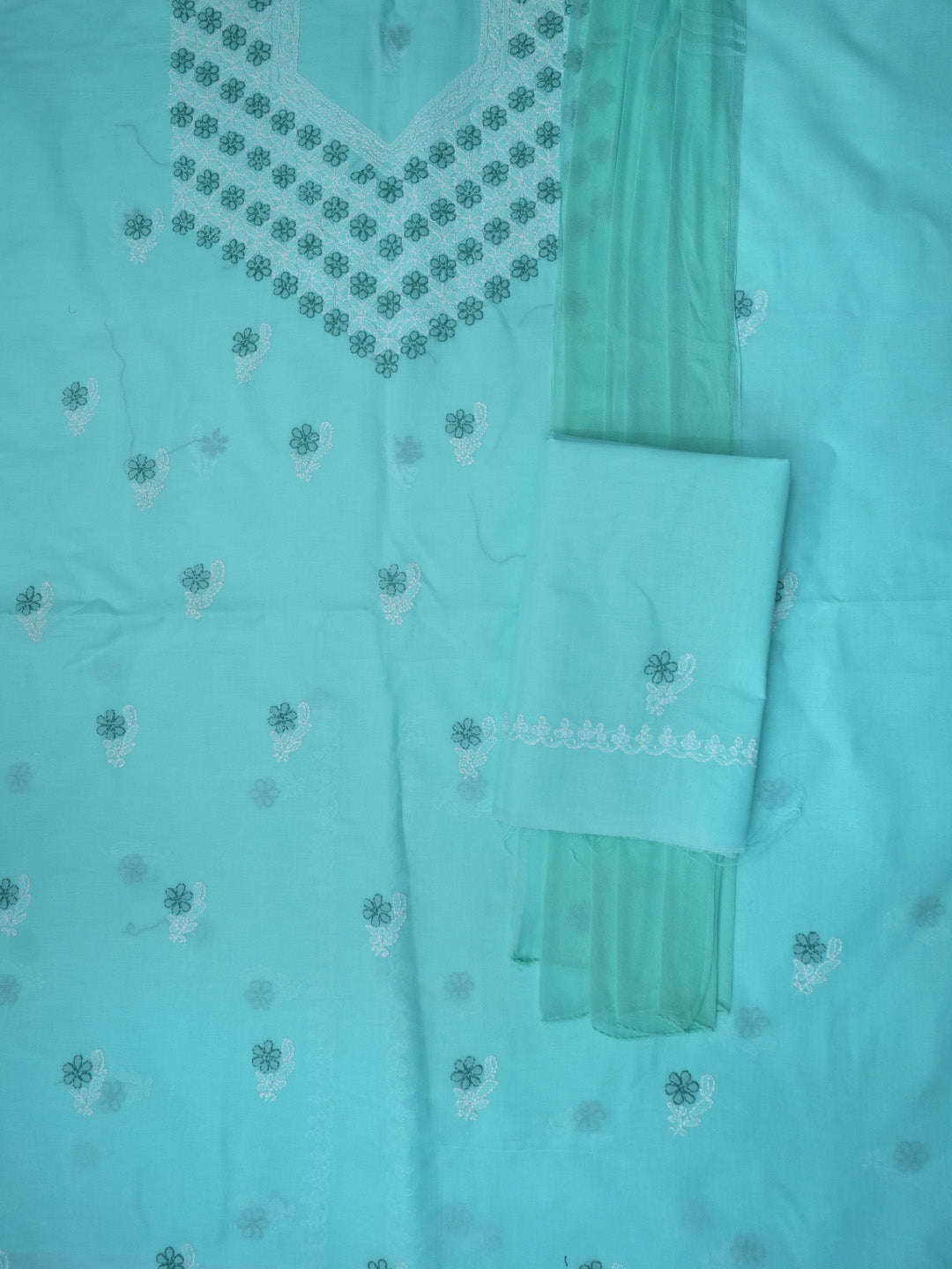 Women Hand Embroidered Chikankari Cotton Dressmaterial PCSCU00102FS-Seagreen