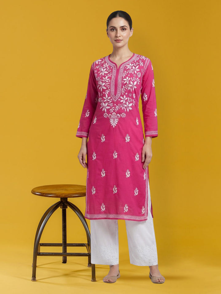 Hand Embroidered Chikankari Cotton Straight Kurta- PC3372 Hotpink