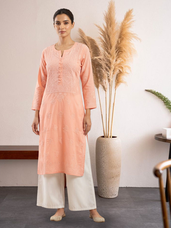 Hand Embroidered Chikankari Cotton Straight Kurta- PC3579 Peachpuff