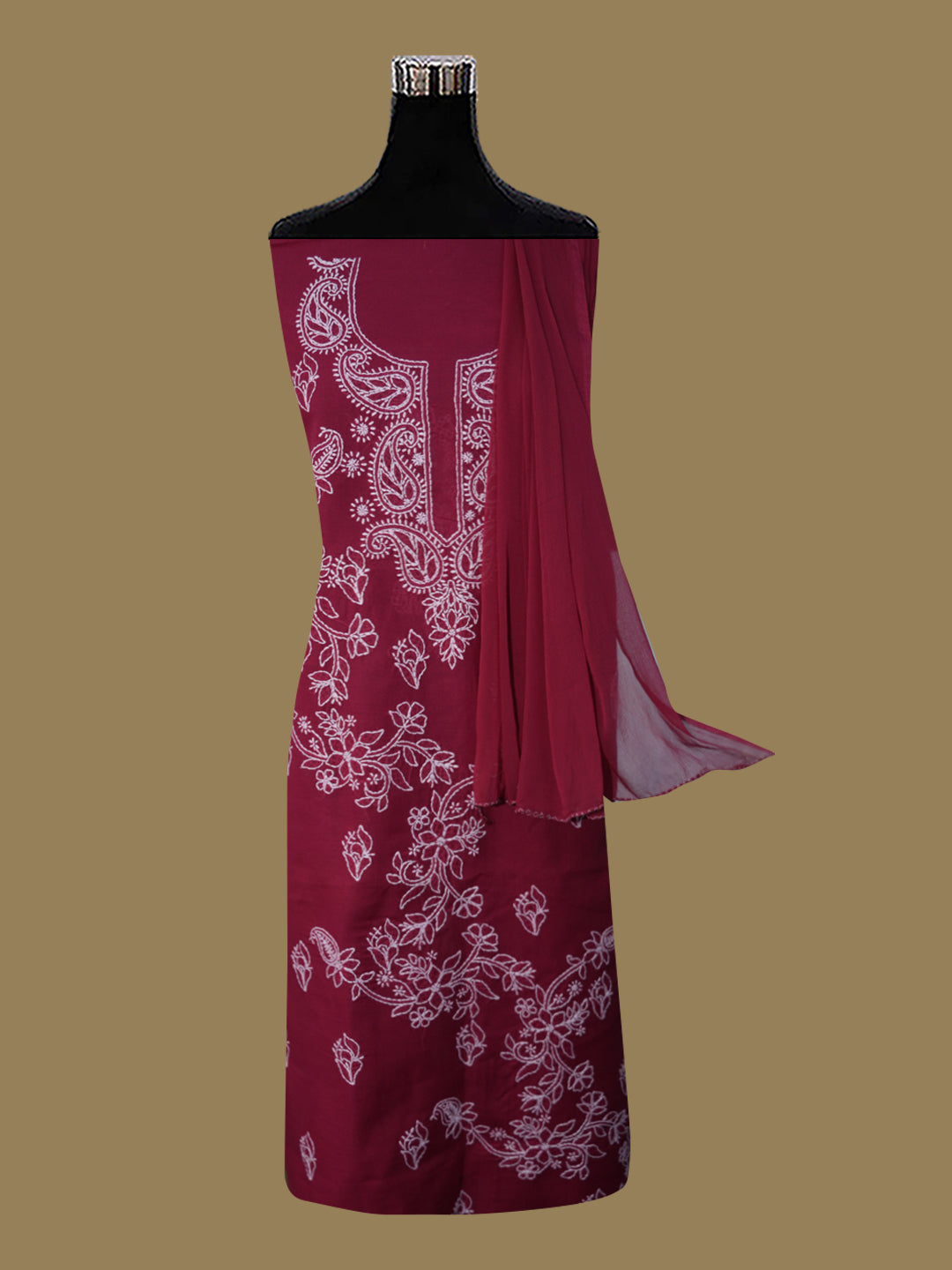 Women Hand Embroidered Chikankari Cotton Dressmaterial PCSCU00104FS-MAROON