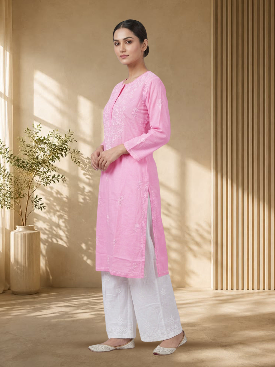 Hand Embroidered Chikankari Straight Floral Cotton Kurta-NTV115 Pink