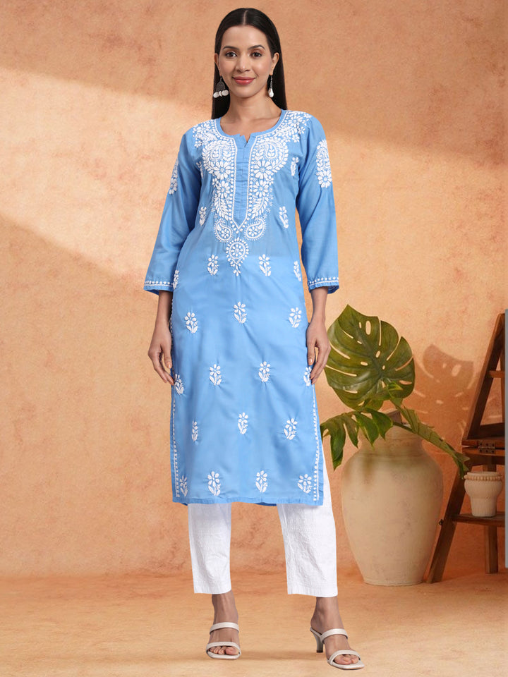 Hand Embroidered Chikankari Cotton Straight Kurta- PC3561 Denim
