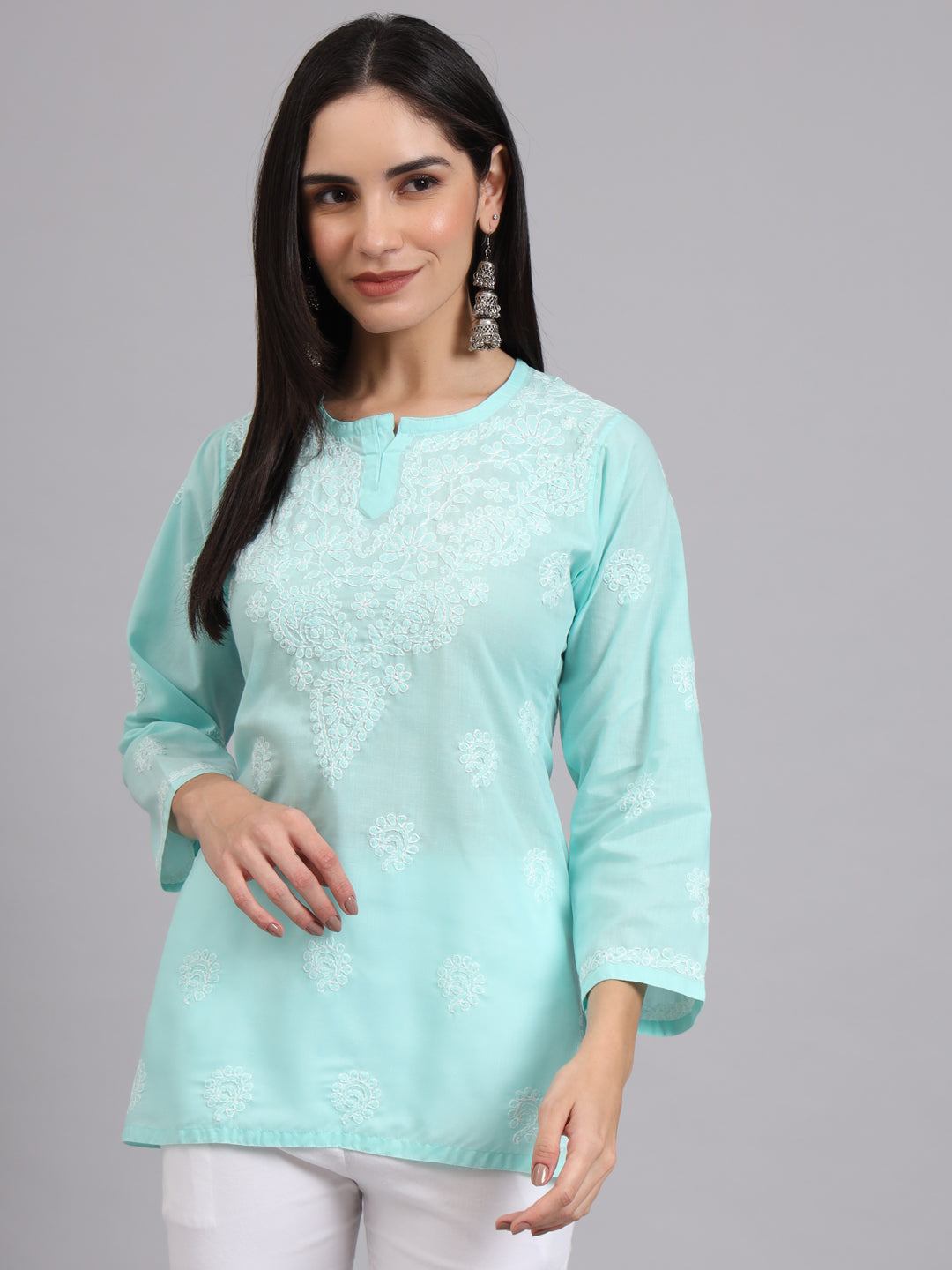 Women Hand Embroidered Lucknowi Chikankari Cotton Ethnic Motifs Kurti PC3998