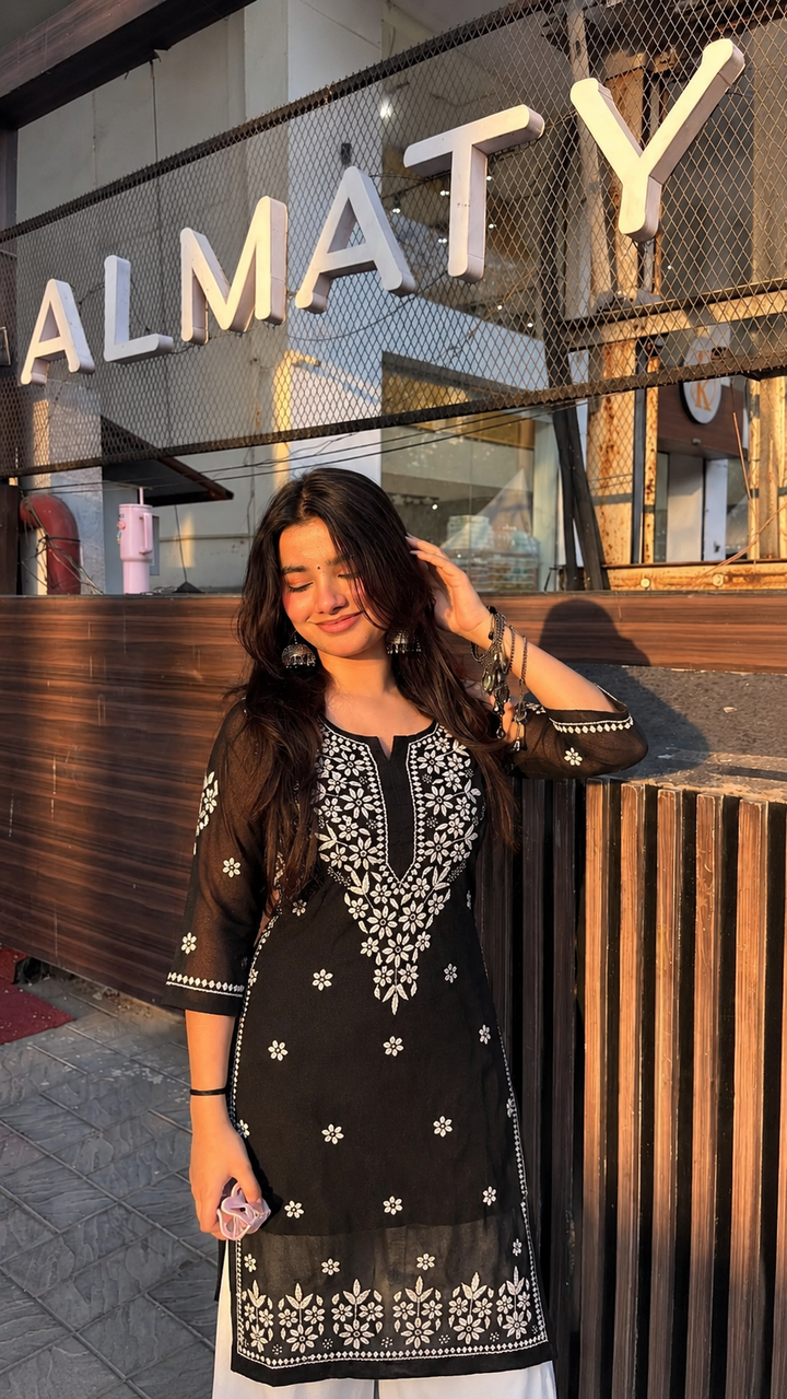 Hand Embroidered Chikankari Kota Cotton straight Kurta with Matching Slip- PC3540