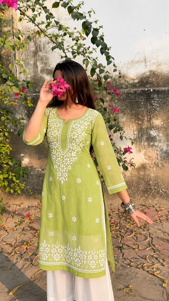Hand Embroidered Chikankari Kota Cotton straight Kurta with Matching Slip- PC3540