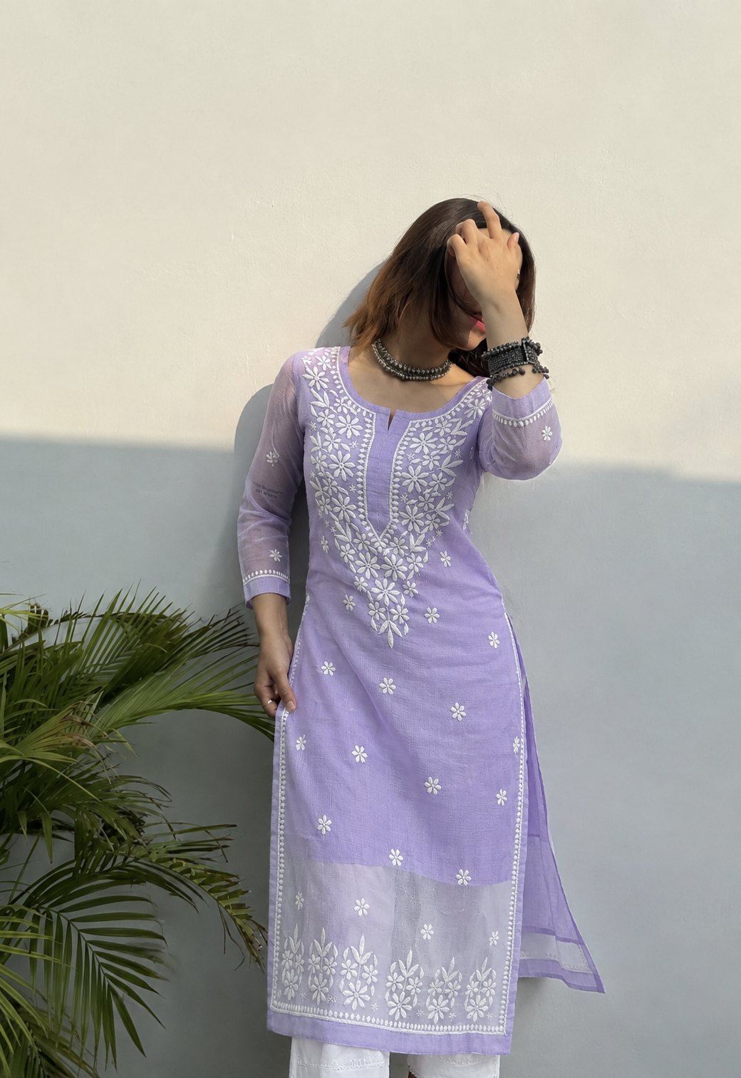 Hand Embroidered Chikankari Kota Cotton straight Kurta with Matching Slip- PC3540